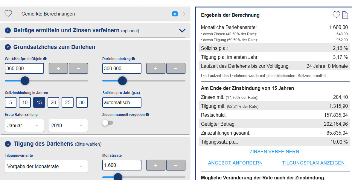 Screenshot of a home financing calculator showing principal and interest