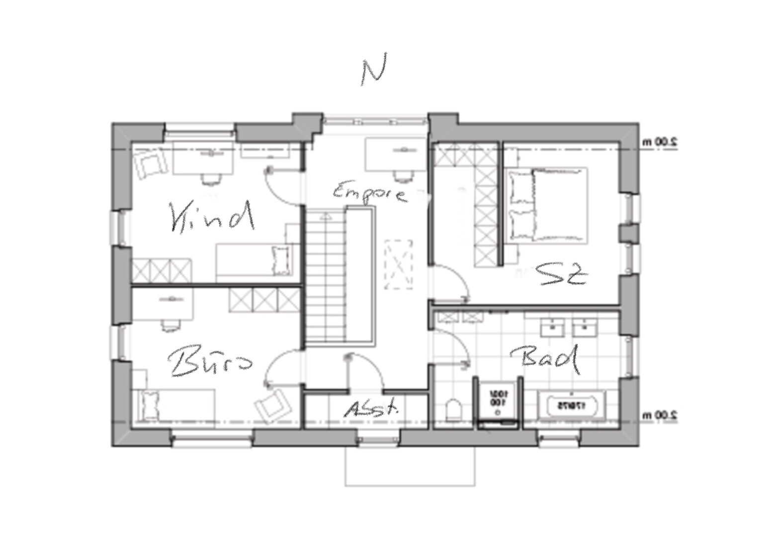 House floor plan with central staircase, office/living area on the left, bedroom and bathroom on the right.