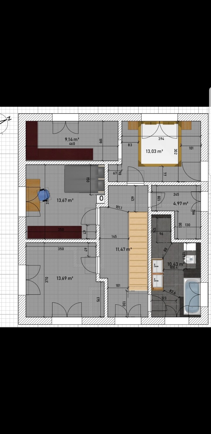 Floor plan of a flat with several rooms, doors, stairs and area measurements in m².