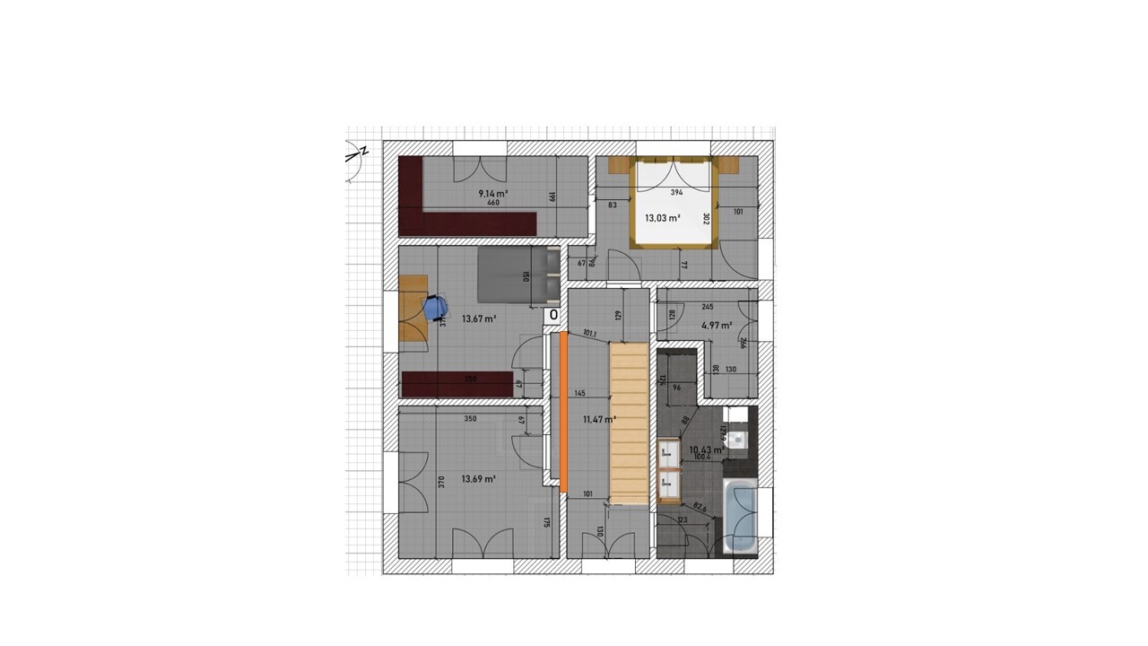 Grundriss-Ebene eines Wohnhauses mit Zimmern, Türen und Flächenangaben in m².