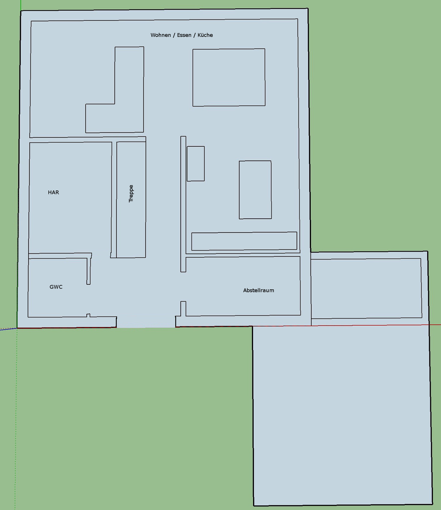 2D Grundrissplan eines Hauses mit Wohnbereich, Küche, Treppe, GWC und Abstellraum