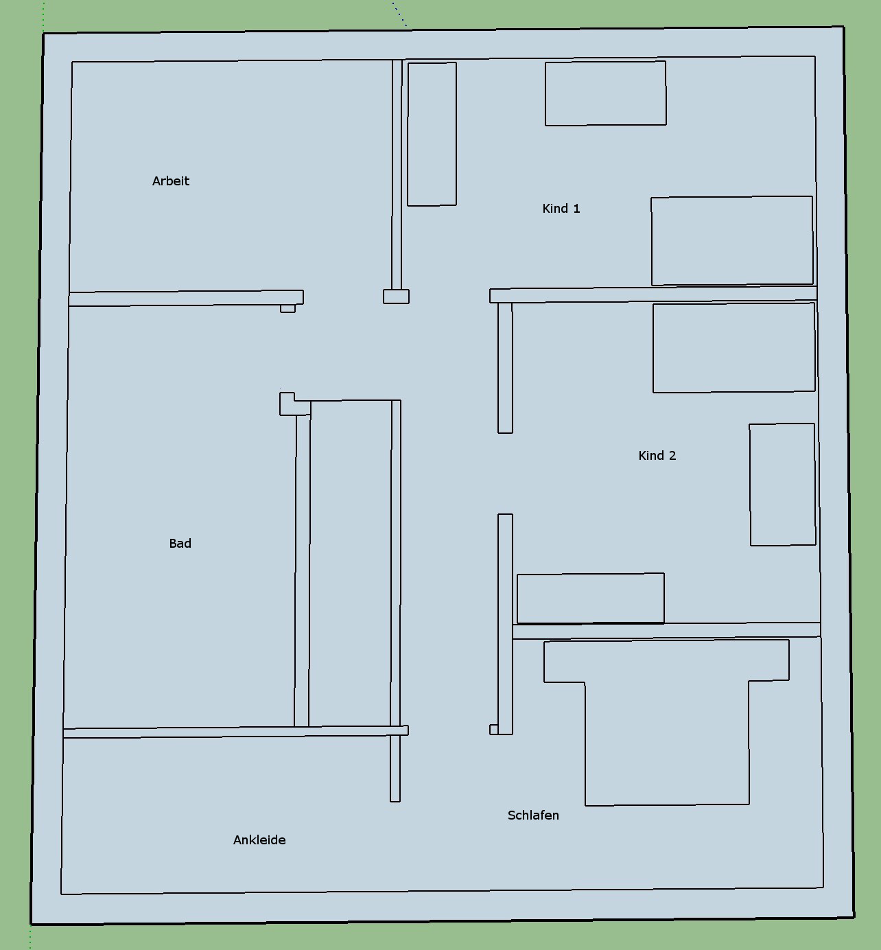 Grundriss eines Wohnhauses mit Arbeitsbereich, Kinderzimmern, Bad und Schlafzimmer