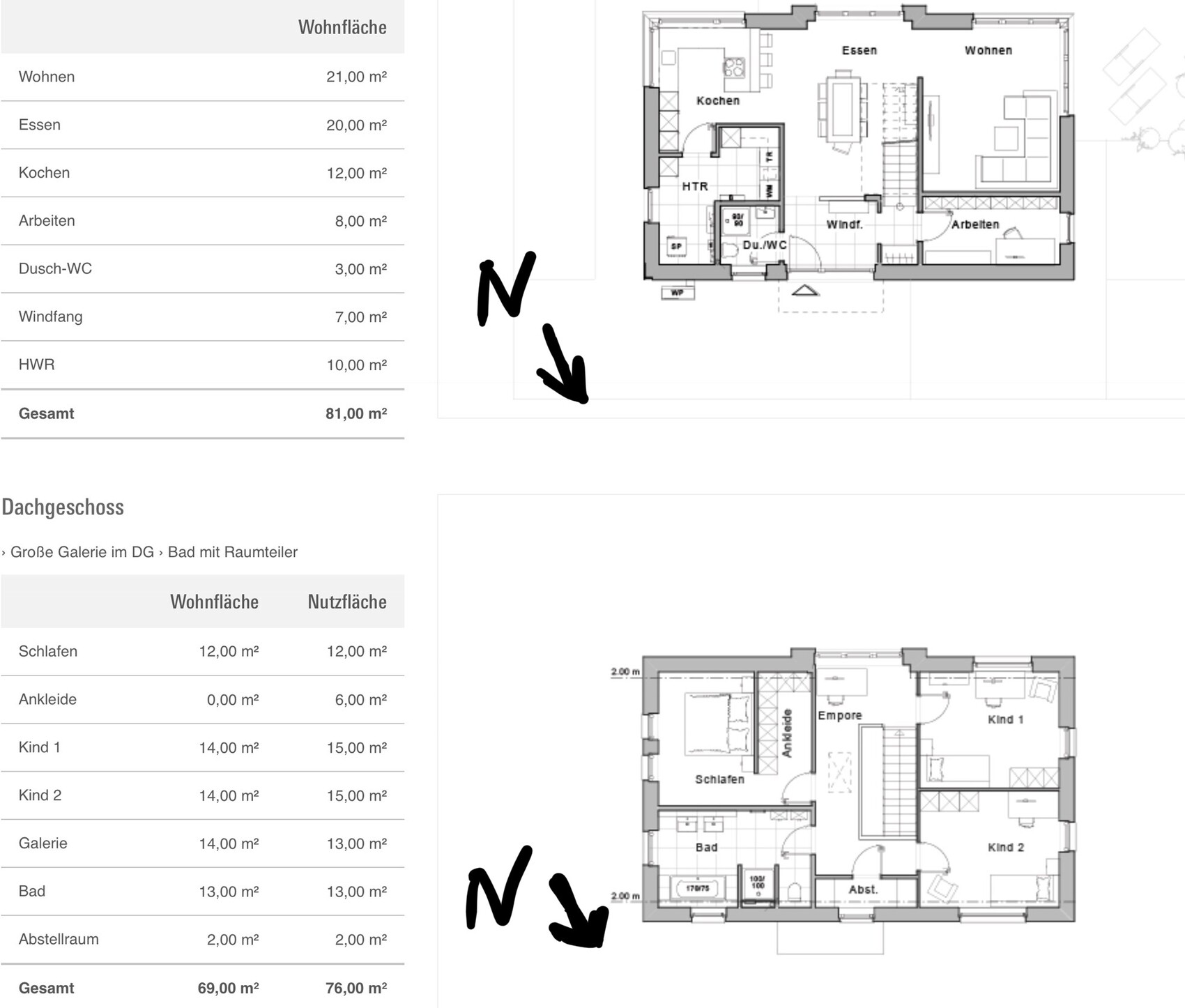 Two floor plans of a house with living and sleeping rooms plus tables on the left