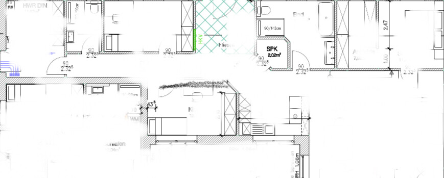 2D floor plan of a residential house with rooms, doors, and dimensions