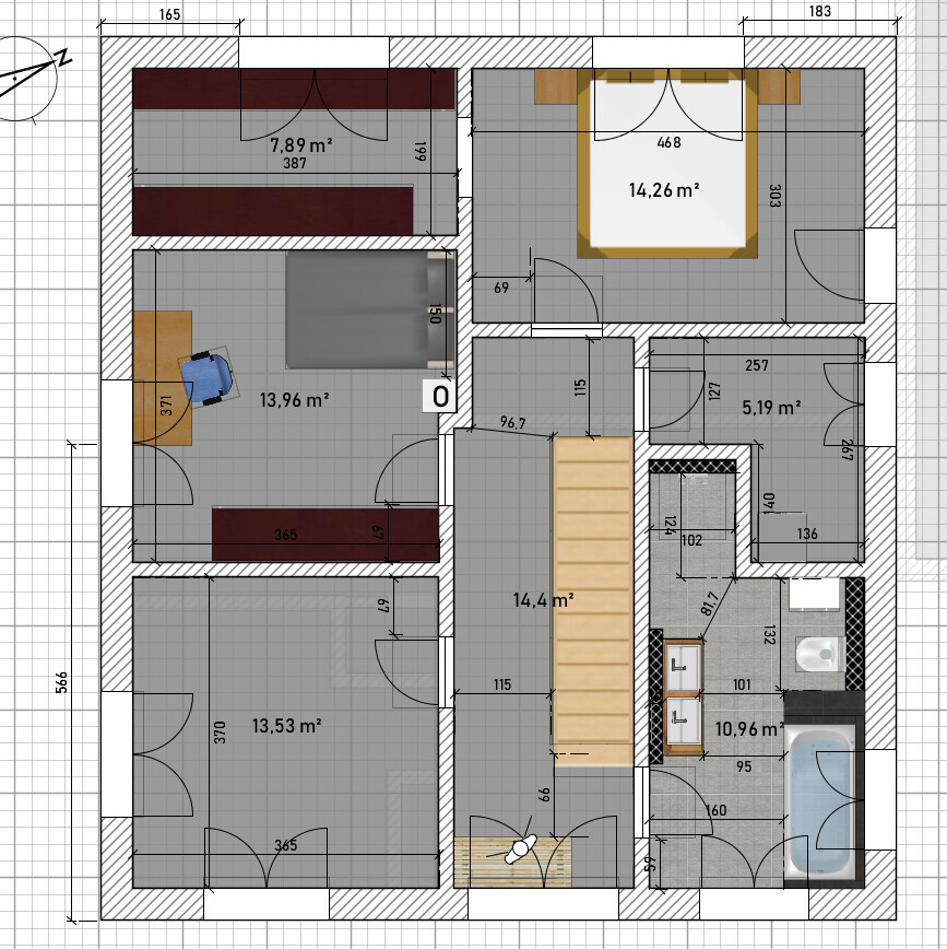 Grundriss eines Hauses: mehrere Zimmer, Treppen, Bad, Küche, Türen, Maßlinien.