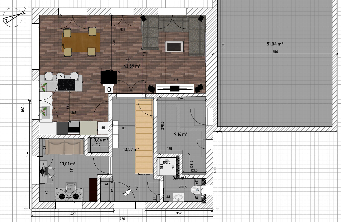 Grundriss eines Hauses: Offener Wohnbereich mit Sofa, Esstisch, Küche; Treppe, Flur und Garage