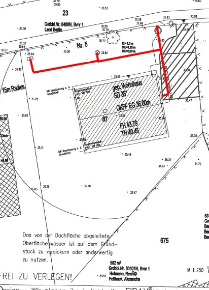 Site plan of the property with red access route line around the building; dimensions.