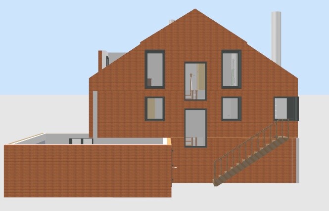 Red brick house with sloped roof, exterior steps and windows, interiors visible.