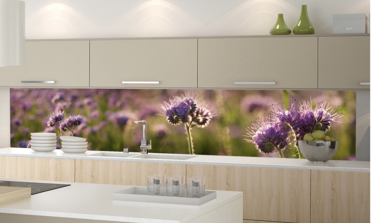 Modern kitchen with sink and flower-patterned backsplash featuring purple thistle blossoms.