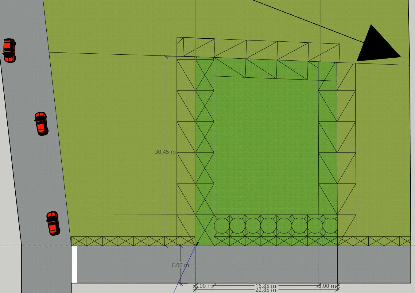 Lageplan eines Grundstücks mit Zufahrt, Gartenbereich und Umfassungsmauern
