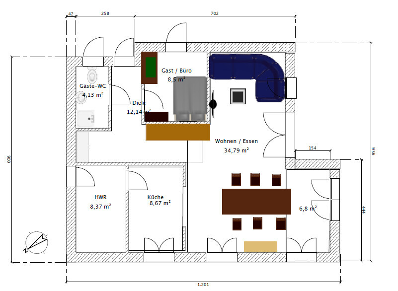 Floor plan of a single-family house: living/dining area, kitchen, utility room, guest WC, hallway, guest/office.