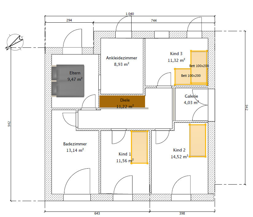 Floor plan of a family home: master bedroom, three children’s rooms, bathroom, hallway, walk-in closet, gallery