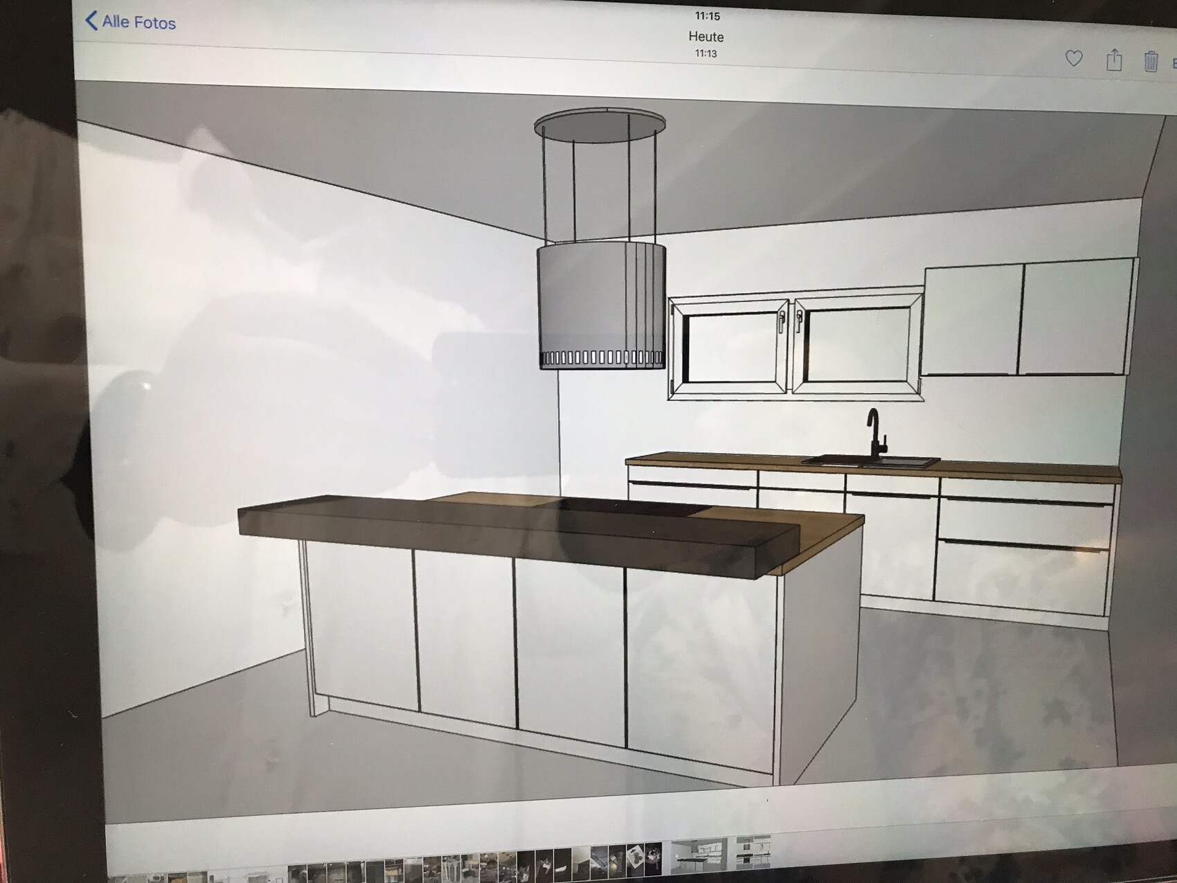 Modern kitchen design with central island, base and wall cabinets, sink, and extractor hood.