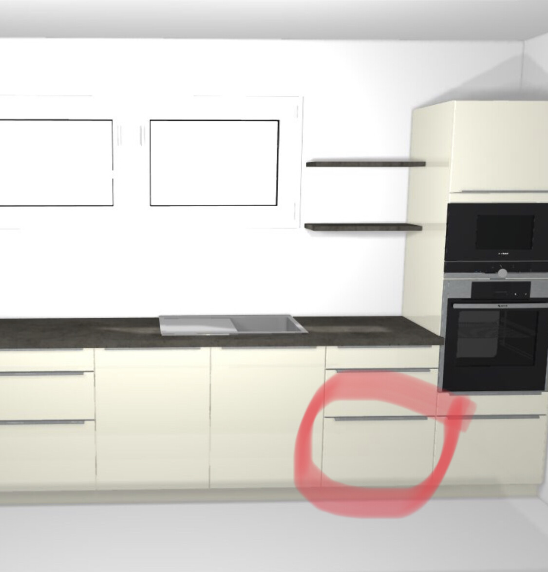 Moderne Küche mit Spüle, Backofen und Unterschränken in 3D-Ansicht