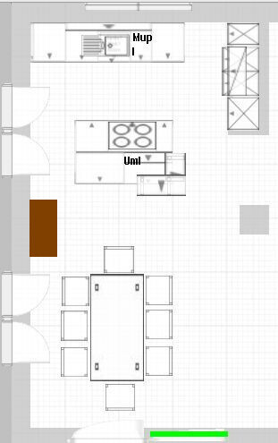 2D floor plan: kitchen with island, stove, sink, and dining table in the eating area.