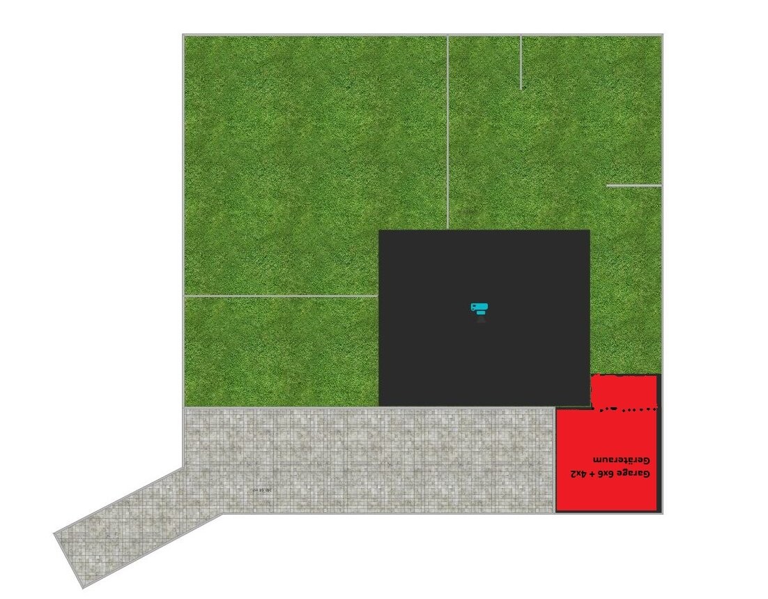 Grundstücksplan: grüne Gartenflächen, gepflasterte Zufahrt und quadratischer schwarzer Gebäudekern.
