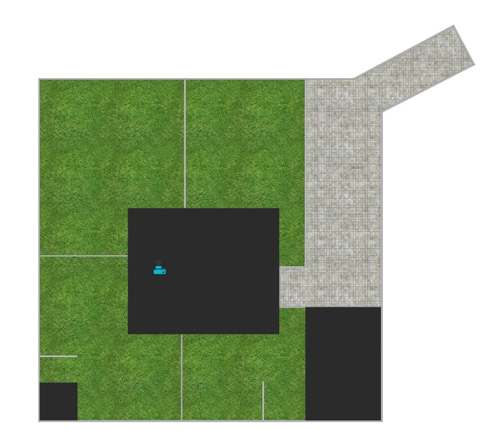 Lageplan eines Gartengrundstücks mit Grasflächen, Pflasterwegen und Gebäudeflächen von oben