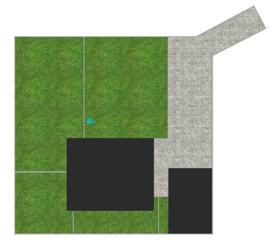 Lageplan eines Baugrundstücks mit Rasenflächen, Gehwegen und Gebäuden