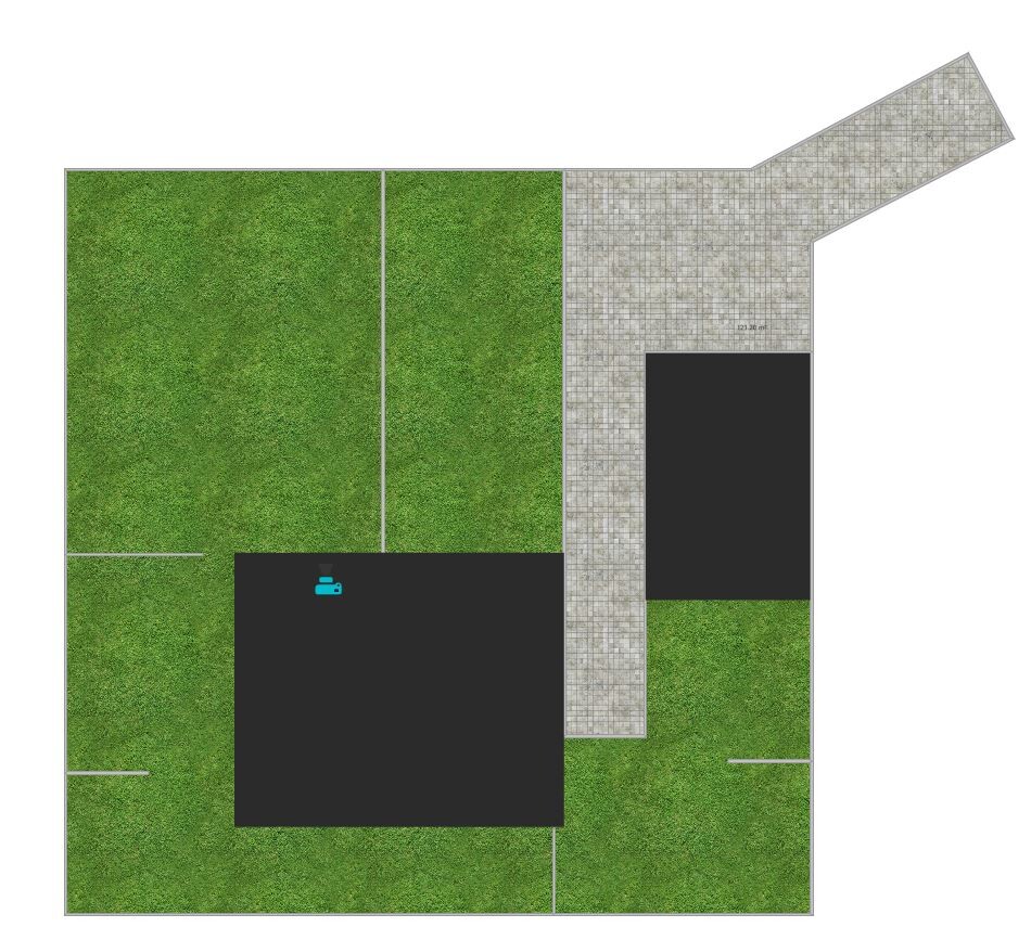 Lageplan eines Grundstuecks mit Grasflaechen, gepflasterten Wegen und schwarzen Gebaeudeflächen