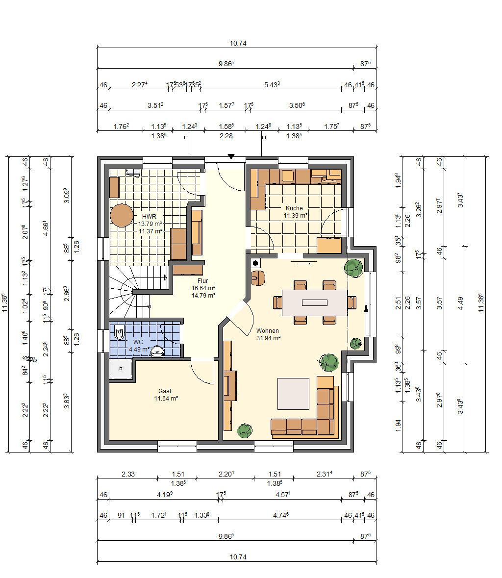 Grundriss eines Hauses mit Küche, Wohnzimmer, Gästezimmer, Flur, HWR und WC.
