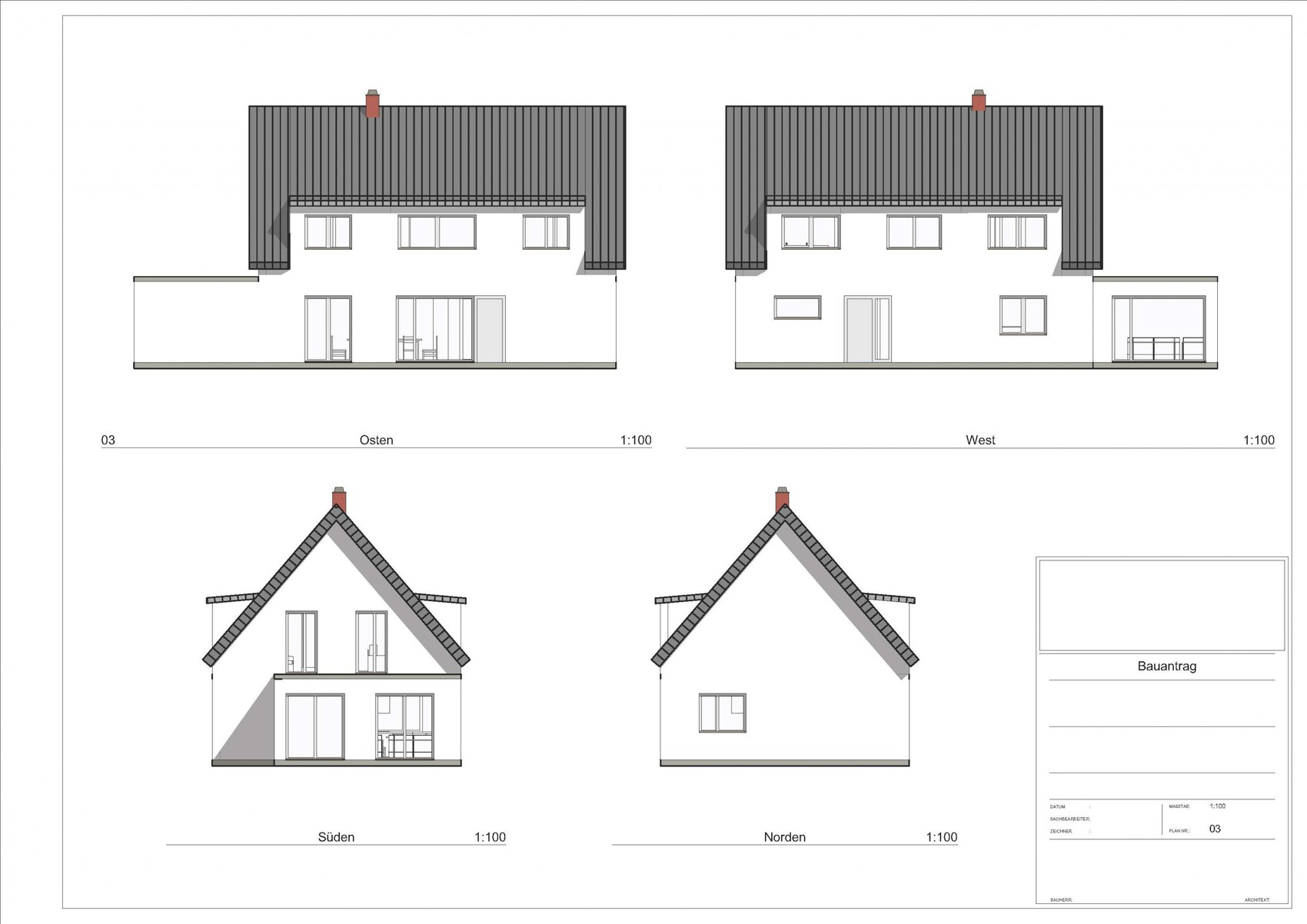 Four views of a modern house: east, west, south, north (gable roofs).