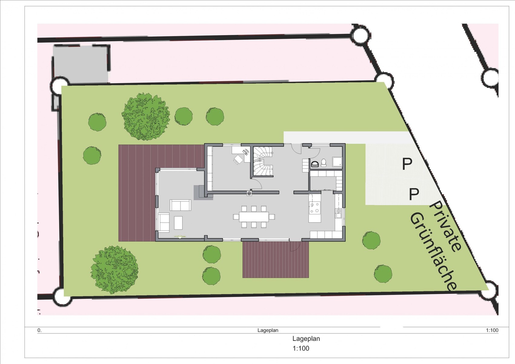 Site plan of a house with garden, terrace, trees and parking (scale 1:100).