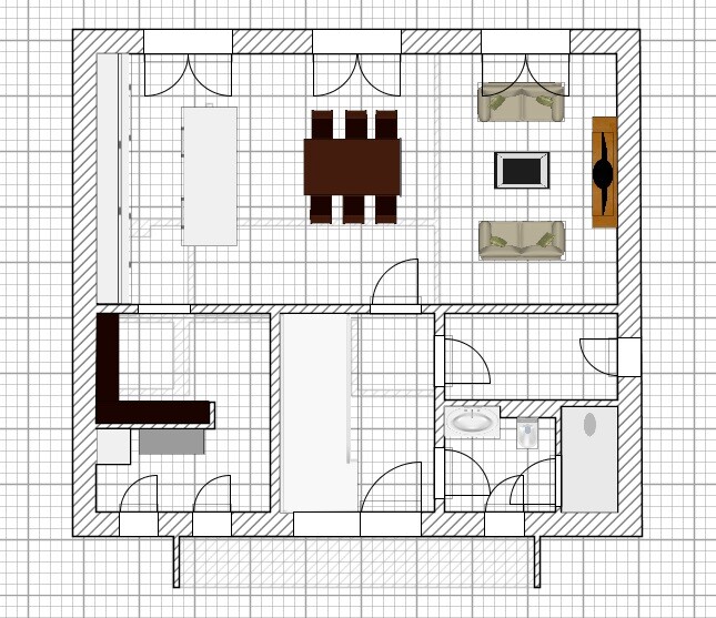 Floor plan: Open living and dining room with dining table, seating area, and kitchen on the left.