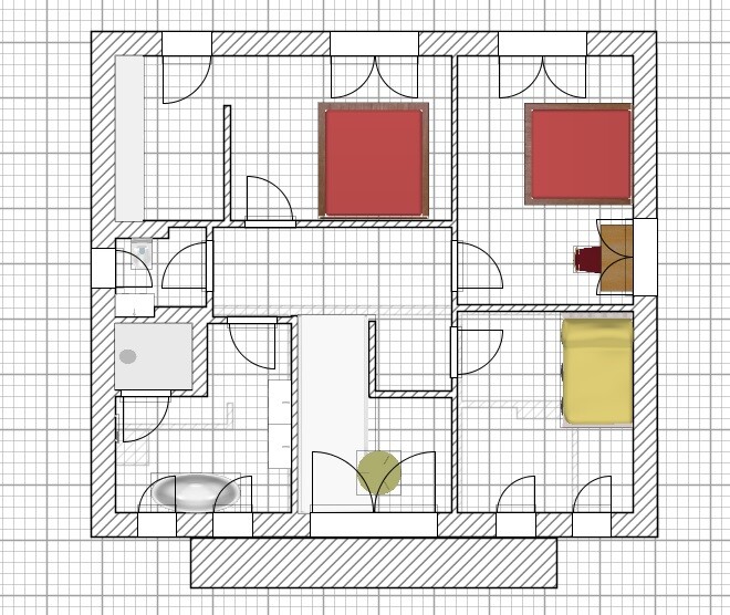 2D floor plan of a residential house with three bedrooms, bathroom, hallway, and doors