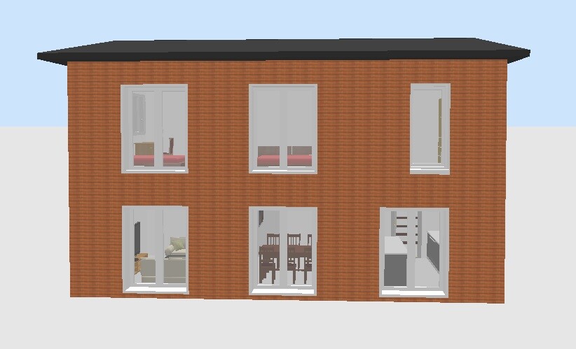 Two-story red brick house with six windows; view into bedroom, dining room, kitchen.