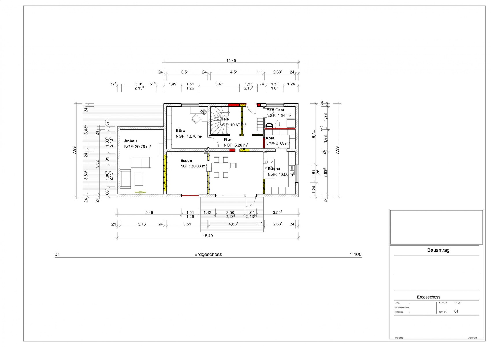 Ground floor plan of a house with an extension, office, dining, kitchen, bathroom, and hallway.