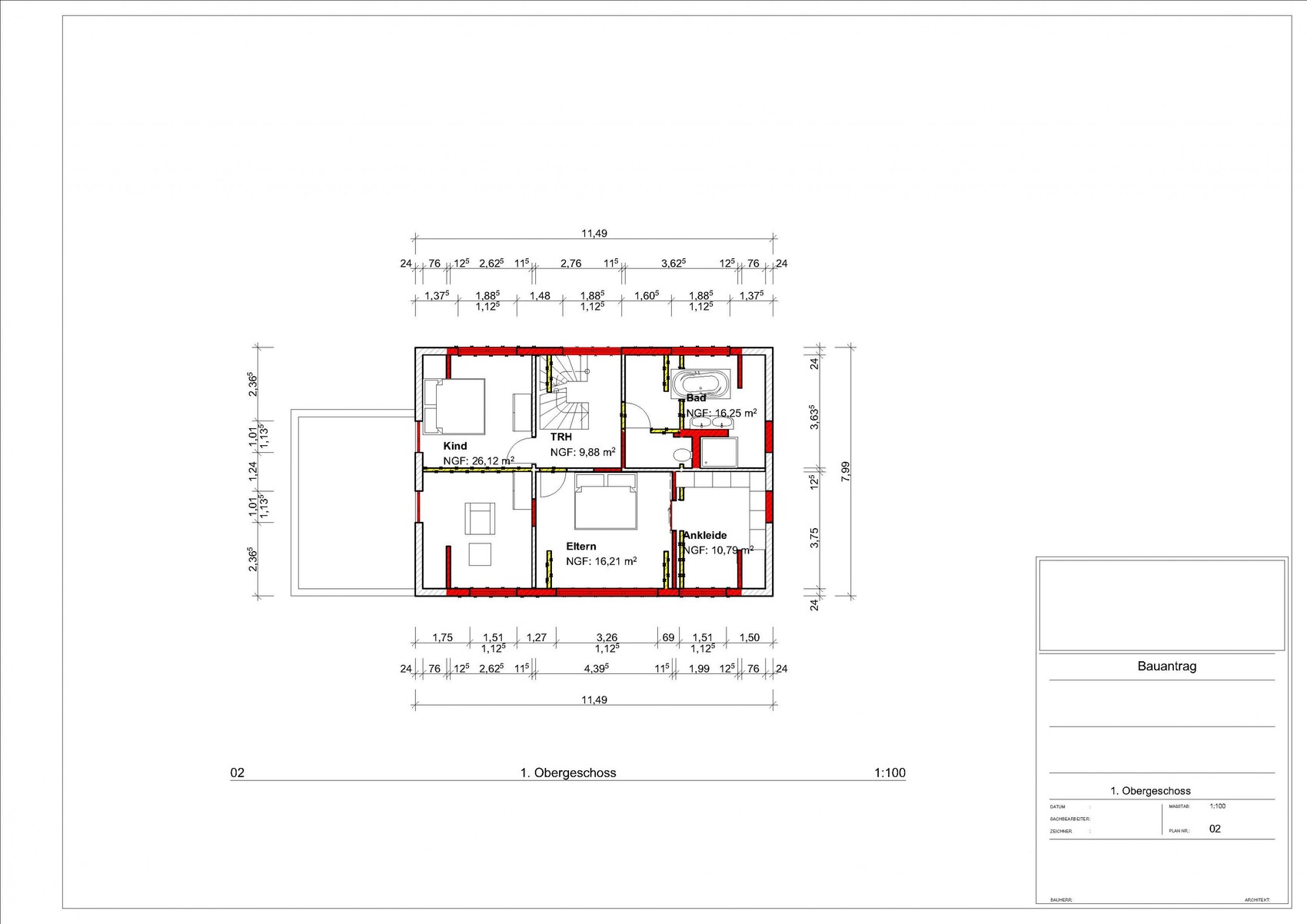 First floor plan with master bedroom, child’s room, dressing room, bathroom, and stairwell.