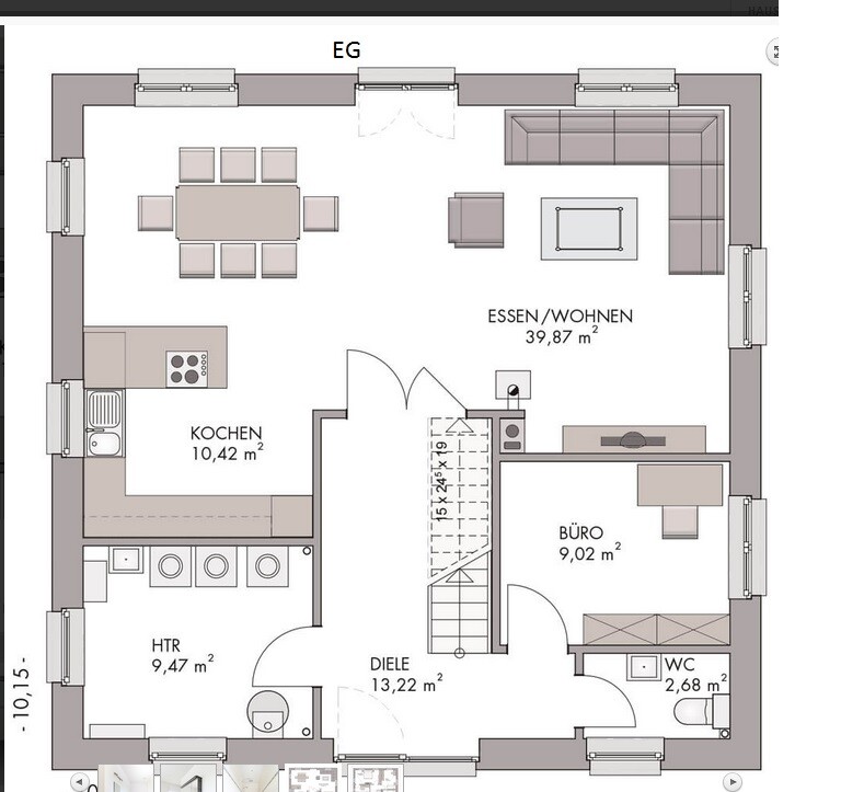 Ground floor plan: open kitchen, dining/living area, office, hallway, WC, utility room, stairs.