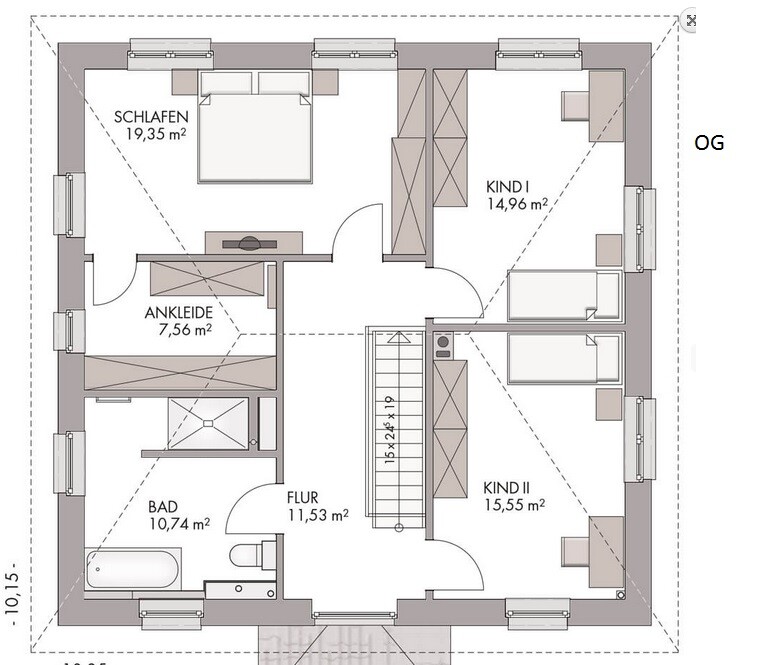 Upper floor plan: bedroom, walk-in closet, bathroom, hallway, 2 children's rooms, stairs.