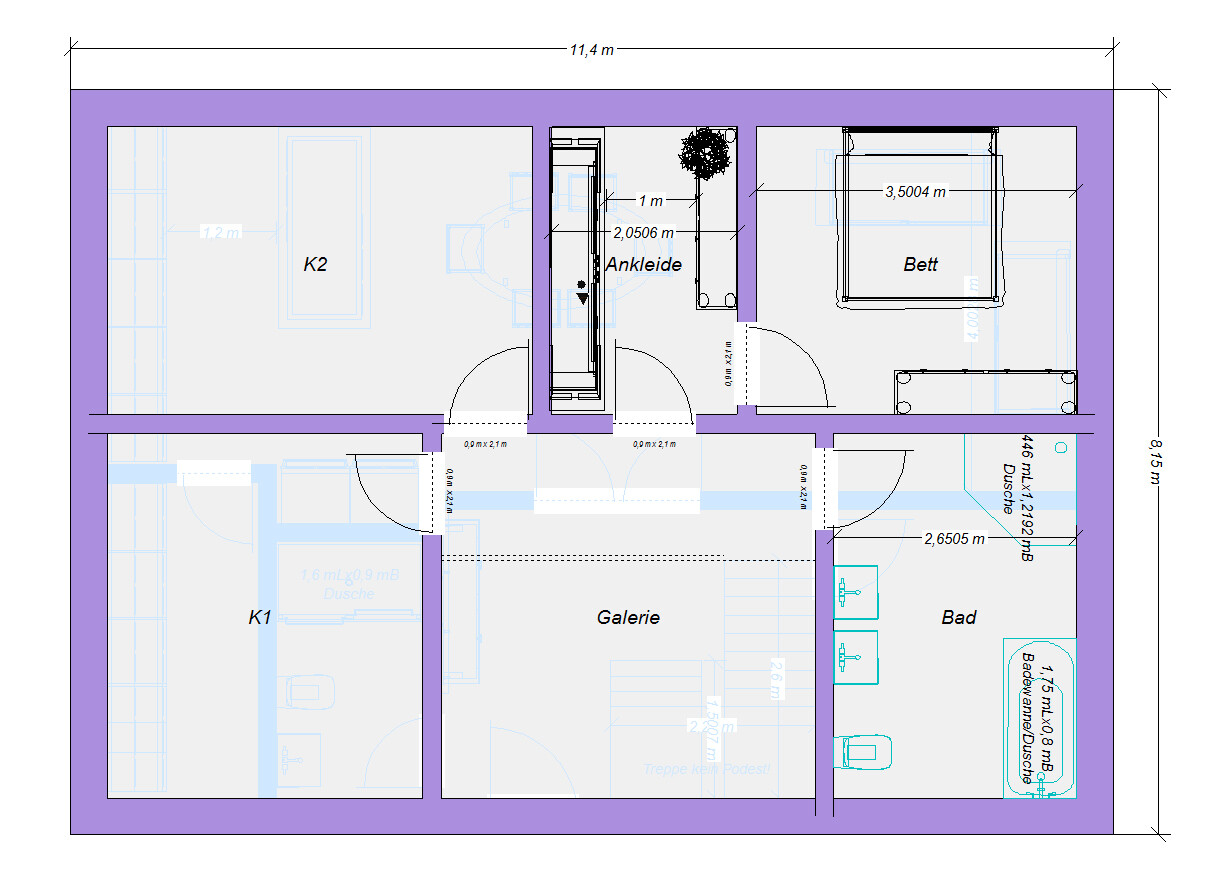Floor plan of an apartment: room 1, room 2, walk-in closet, gallery, bed, bathroom; doors, dimensions.