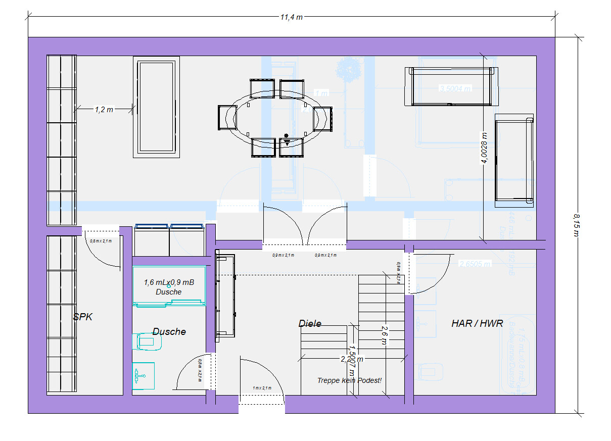 Floor plan of a house with entrance, hallway, staircase, kitchen, dining area, shower, utility/technical room.