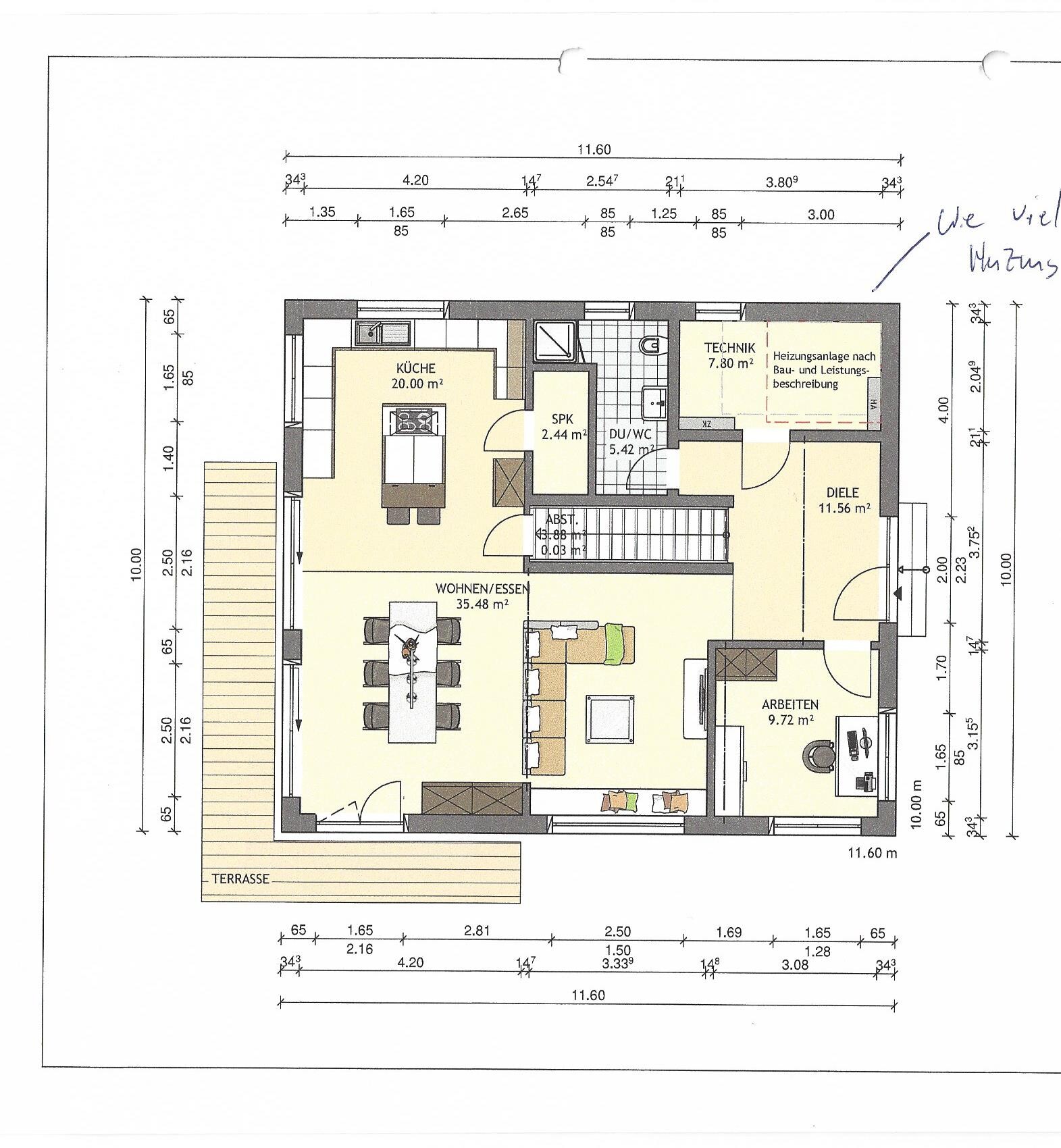 Floor plan of a house with kitchen, living/dining, office, hallway and technical room.
