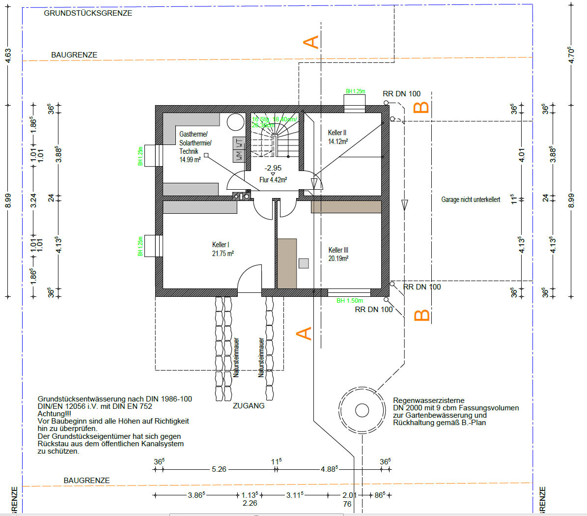 Basement floor plan with basement rooms I–III, hallway, technical room, access; garage on the right.