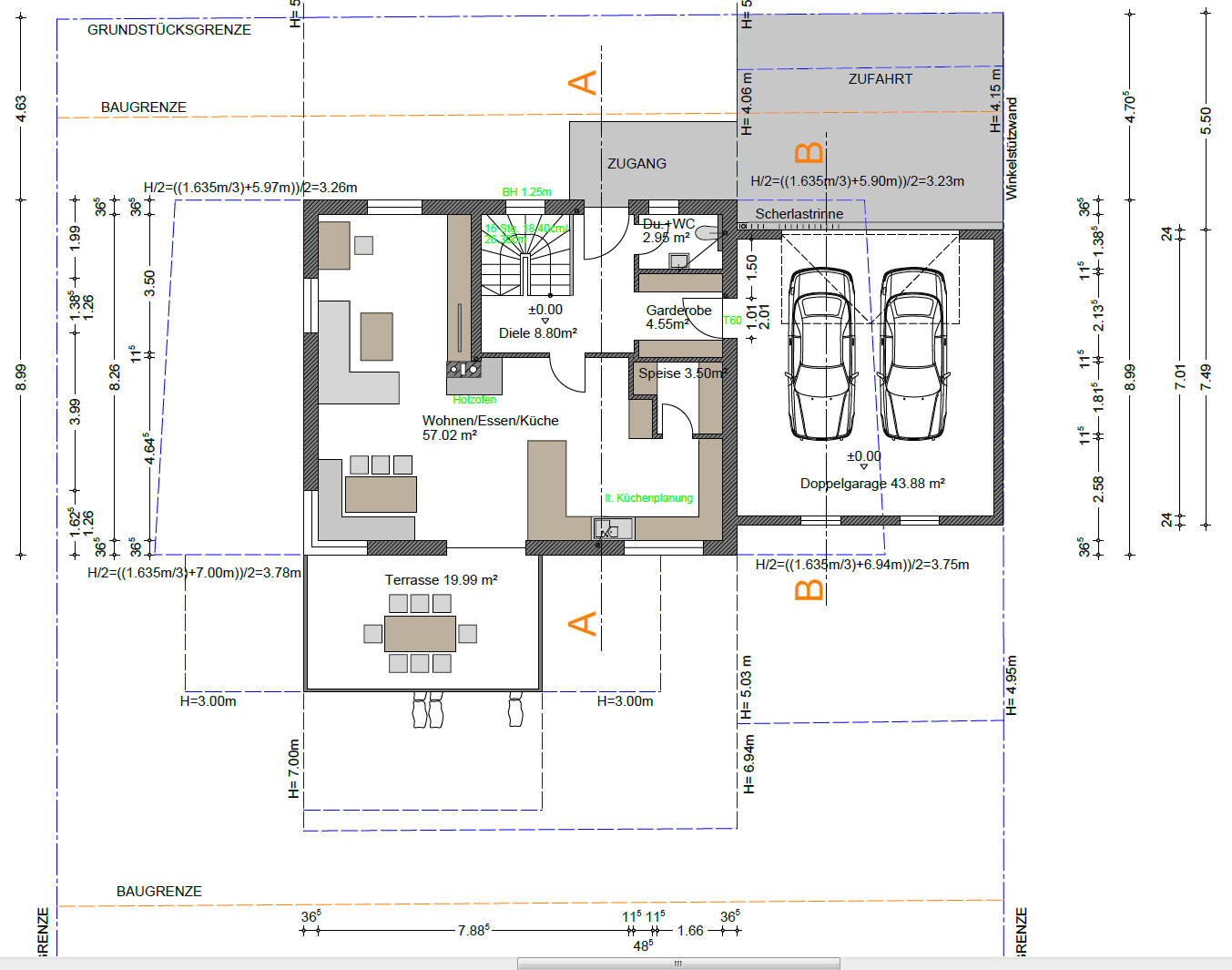 Floor plan of a single-family home: double garage, living/dining area with kitchen, terrace.