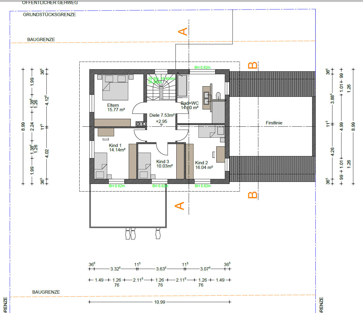 Floor plan of a residential house with master and children’s bedrooms, hallway, bathroom/WC, stairs.