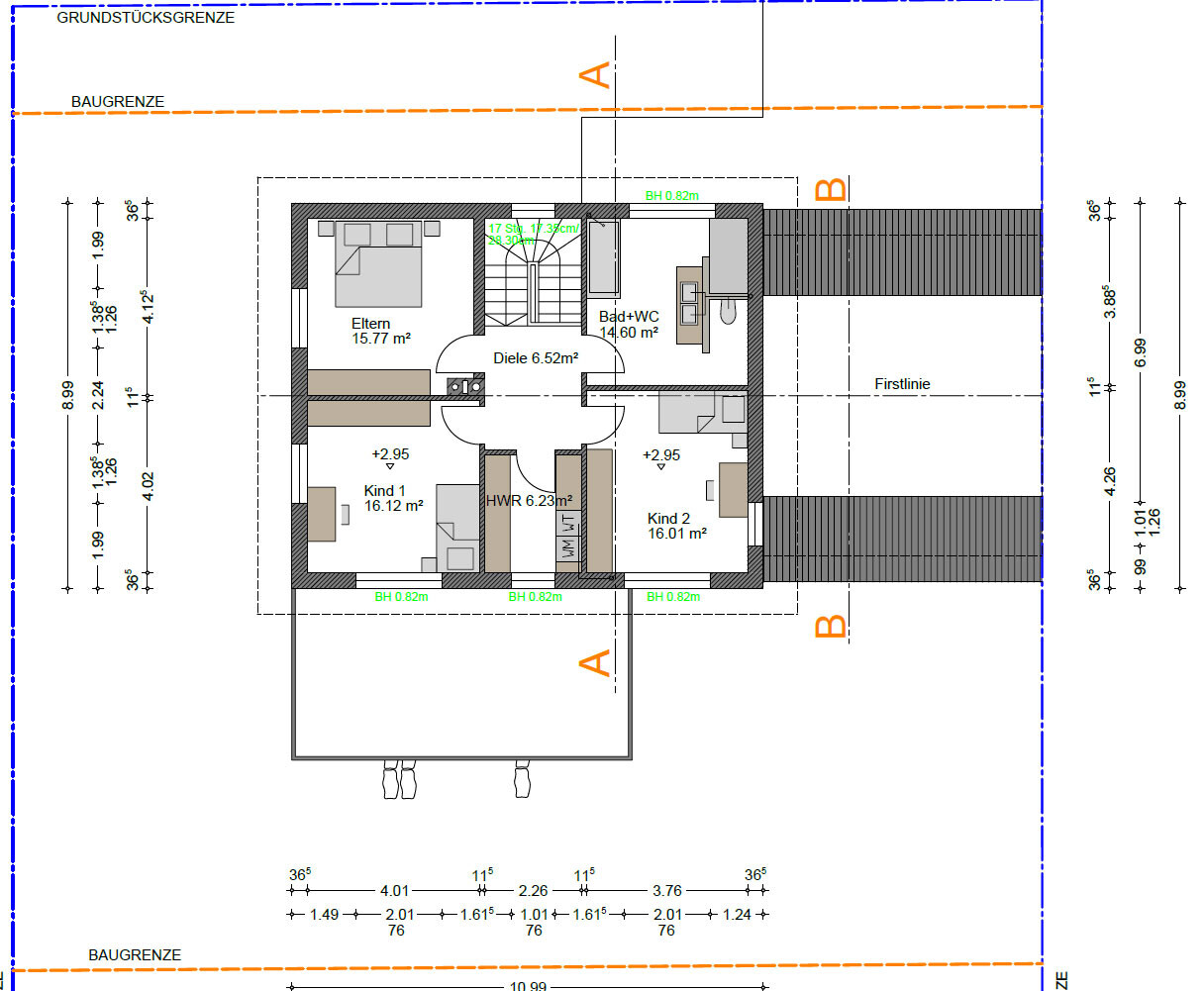 Floor plan of a house with master bedroom, two children’s rooms, hallway, bathroom/WC, utility room.