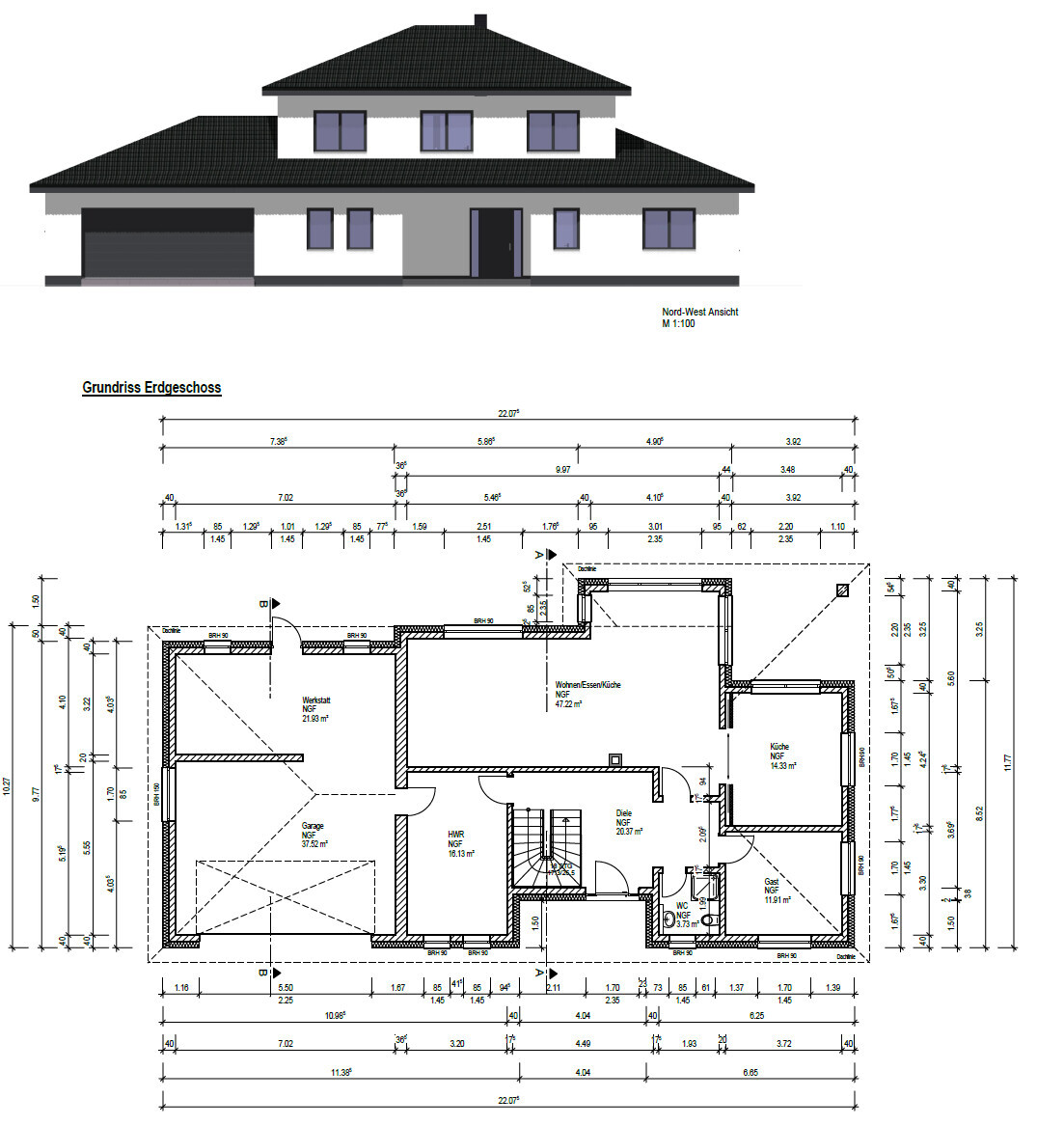 Außenansicht und Grundriss Erdgeschoss eines modernen Hauses mit Garage
