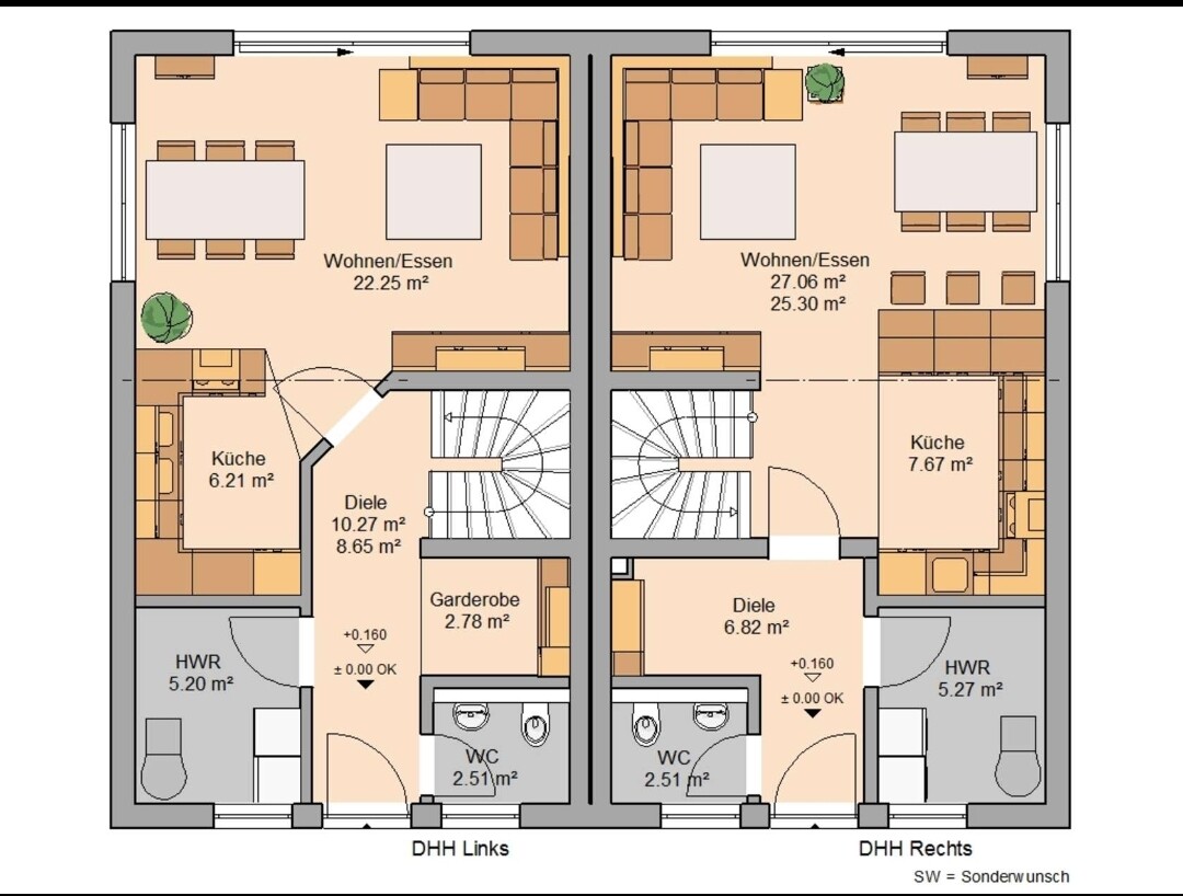 Floor plan of a semi-detached house with two mirrored apartments: kitchen, living, hallway, utility room, WC.