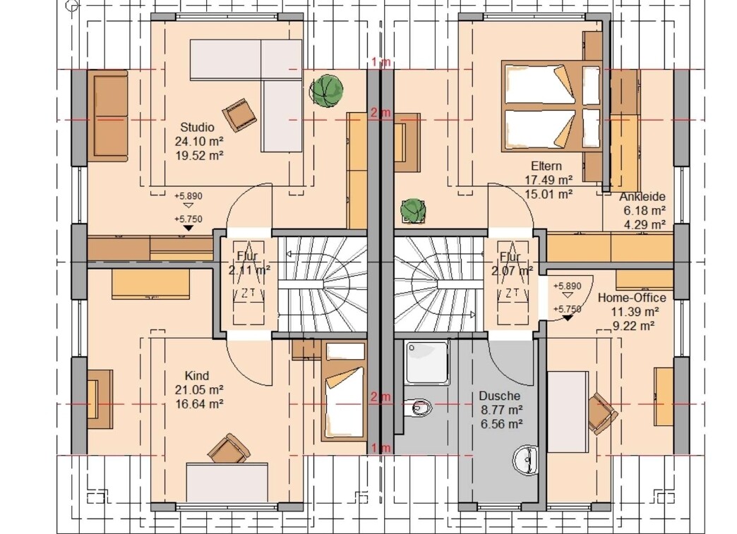 Floor plan of one floor: left side studio and child, right side parents, dressing room, home office, shower.