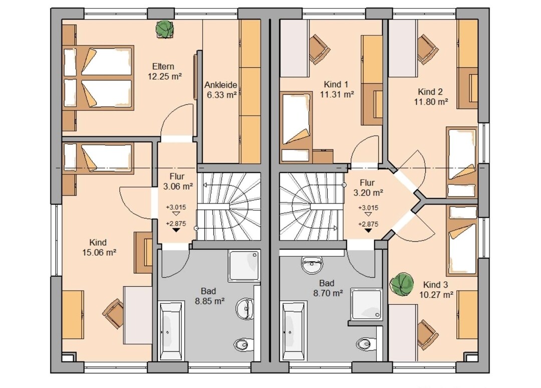 Floor plan of upper floor with master bedroom, children’s rooms, dressing room, corridors, bathroom, stairs.