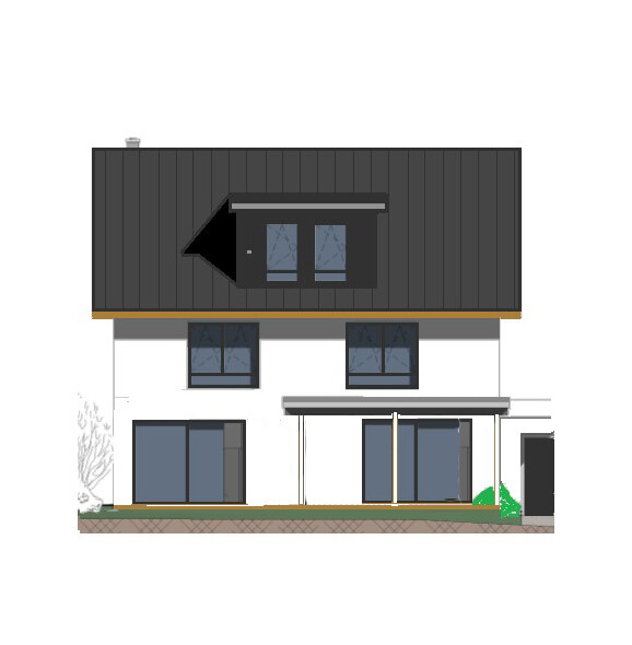 Two-story house with dark roof, dormer windows, large glass fronts and terrace.