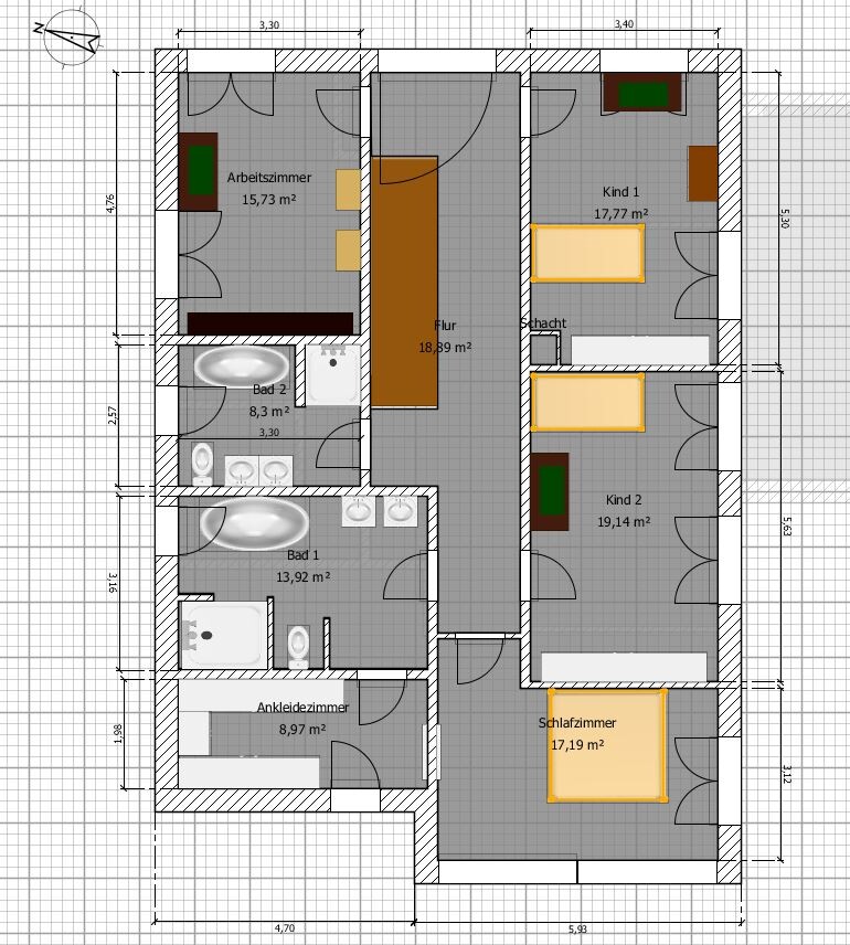 2D floor plan of a house with hallway, bedroom, child 1 & 2, study, and bathrooms.