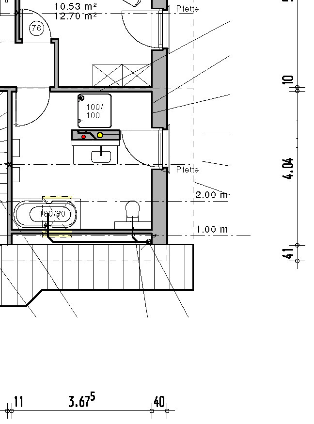 2D-Architektur-Floorplan Bad mit Badewanne, Waschbecken, Toilette und Treppe