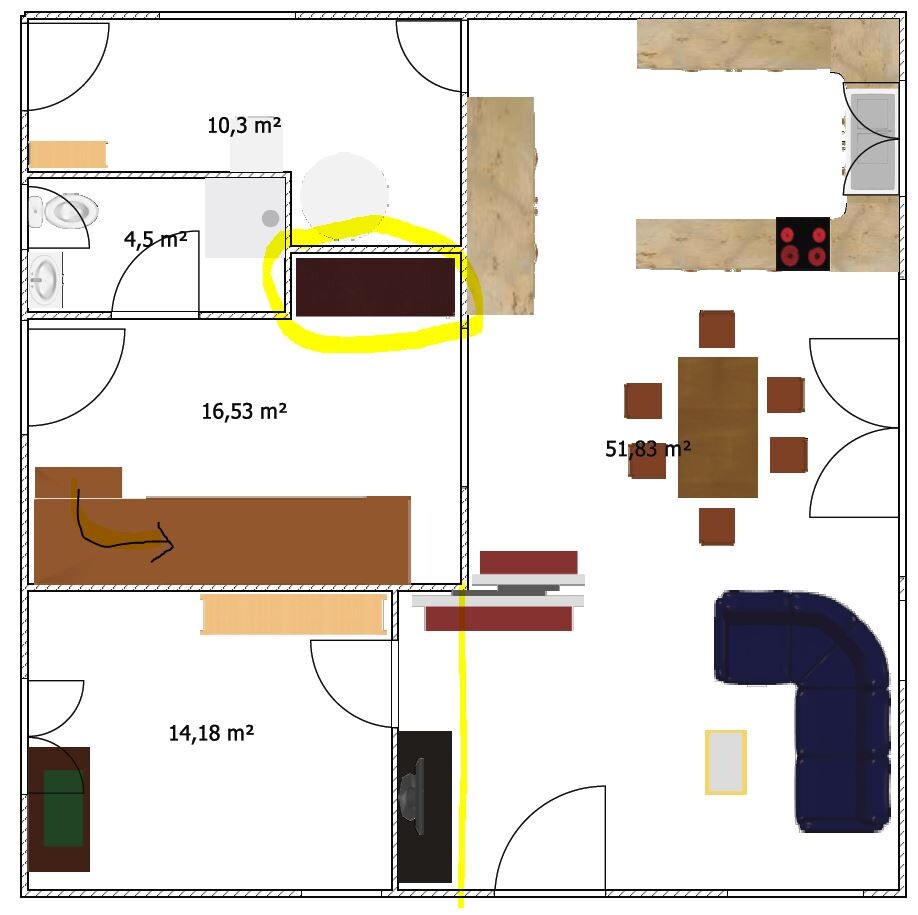 2D floor plan of a residential apartment with kitchen, dining table, living room, and bedroom