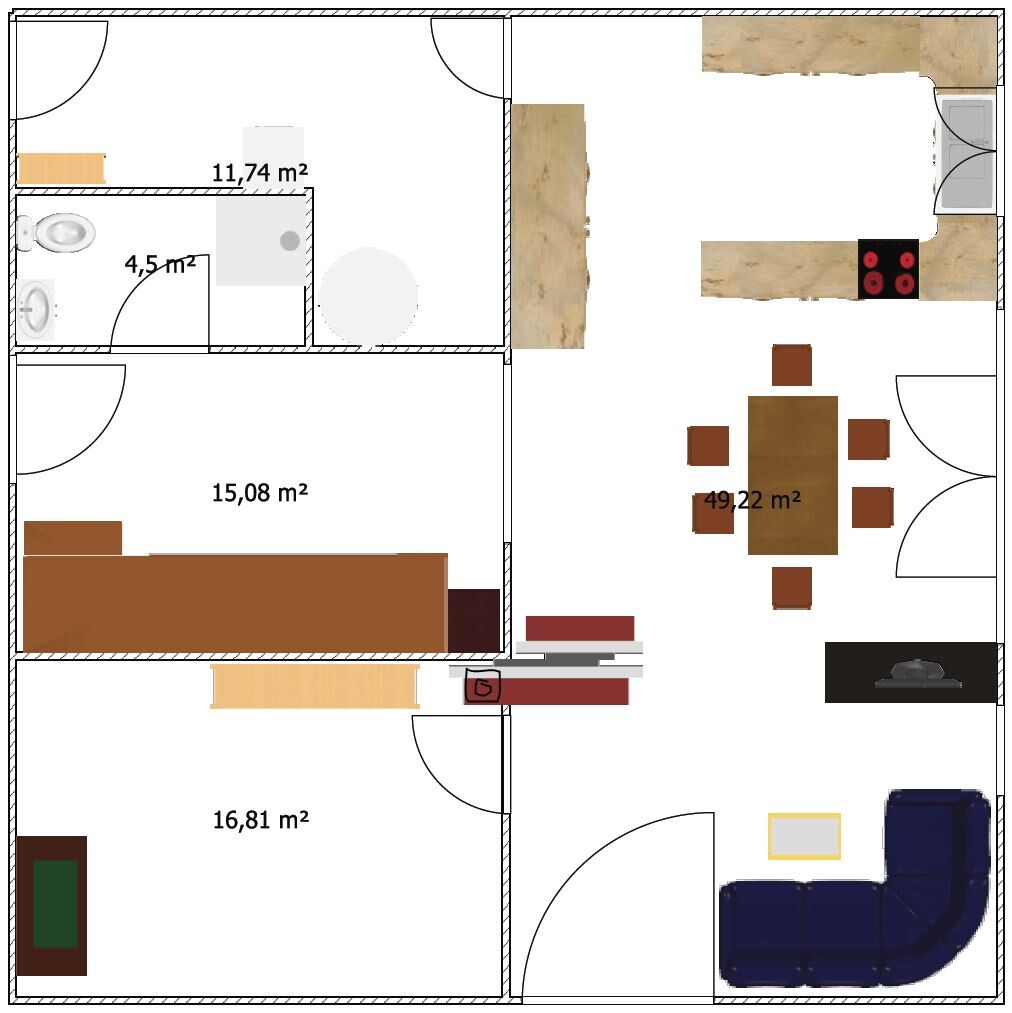 Floor plan of an apartment with kitchen, dining area, bathroom, bedrooms, and living room