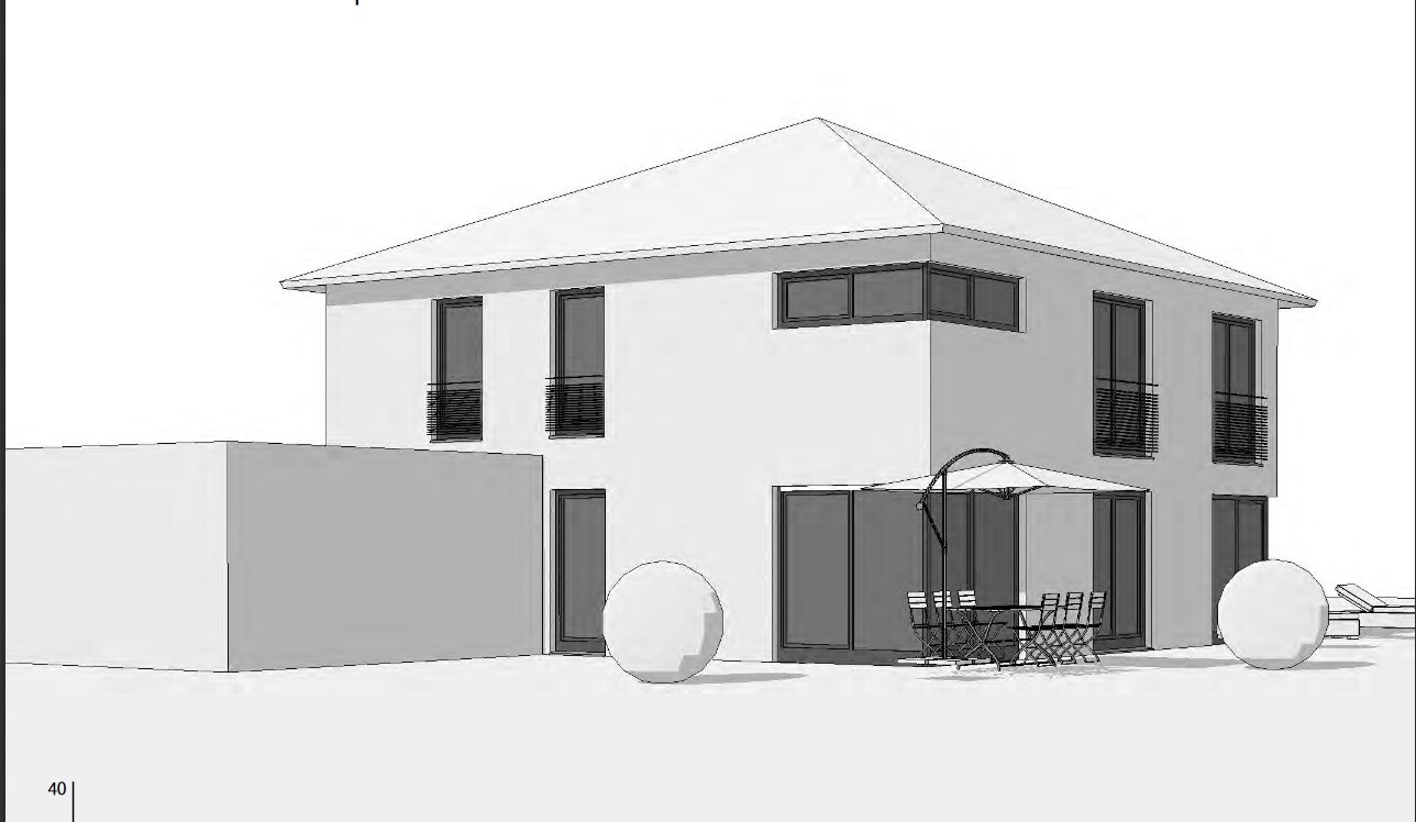 Modern two-story villa with glass fronts, terrace with dining table and parasol.